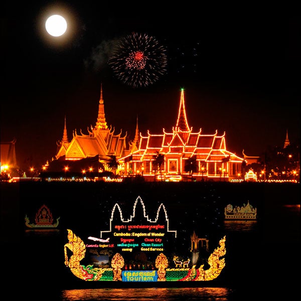 illuminated boats display during Water Festival in Cambodia