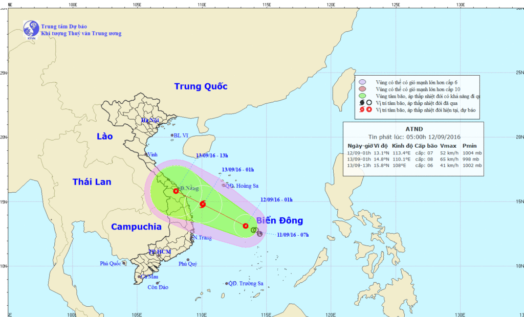 Vị trí tâm áp thấp nhiệt đới và dự báo đường đi của áp thấp nhiệt đới trong hai ngày 12 - 13/9. (Nguồn: nchmf.gov.vn)
