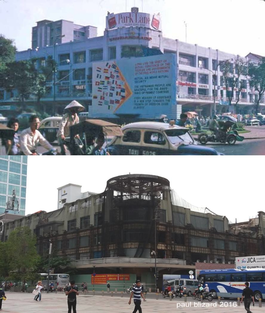 Hình ảnh khi còn hoạt động và khi được vây lưới để phá dỡ của tòa Thương xá Tax. (Ảnh: Paul Blizard/FB Saigon Chợ Lớn Then & Now)