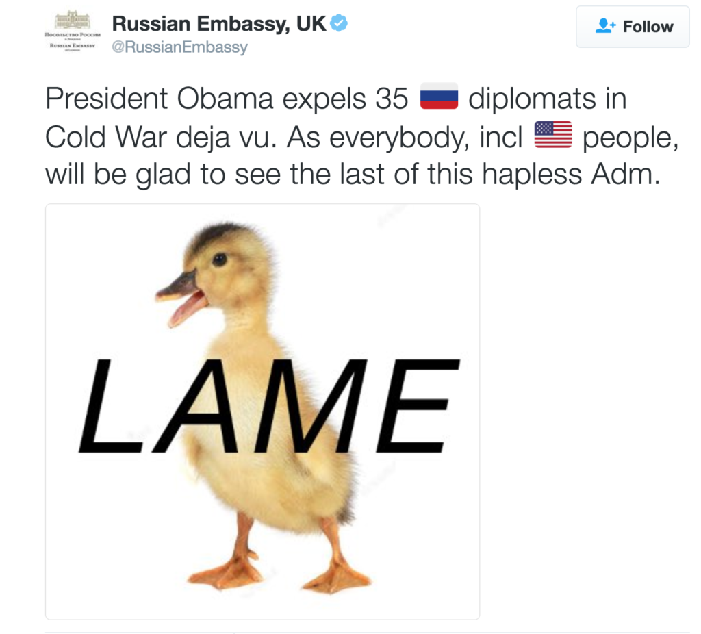 Đại sứ quán Nga tại Anh đăng hình ảnh mỉa mai ông Obama là con vịt què sau tuyên bố trục xuất các nhà ngoại giao Nga