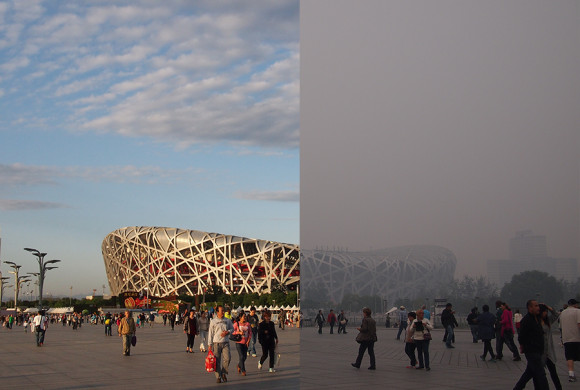 Hình ảnh so sánh cho thấy tình trạng sương mù ô nhiễm tại Bắc Kinh.