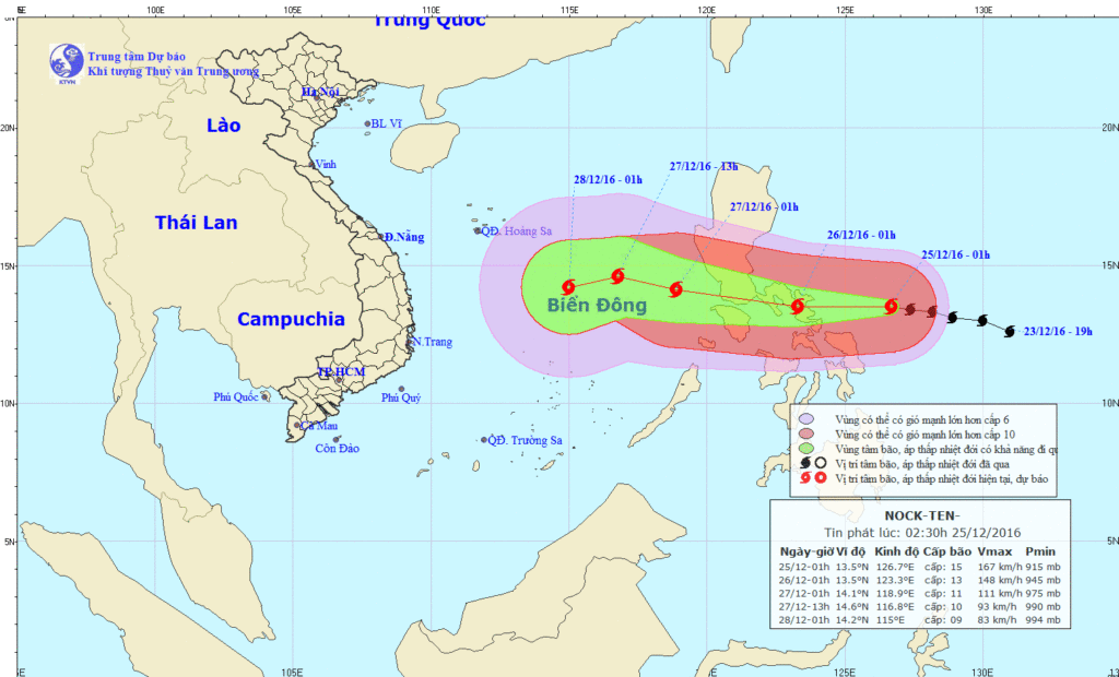 Chùm ảnh đường đi và vị trí cơn bão Nock-ten từ ngày 23 tới 28/12. (Nguồn: nchmf.gov.vn)