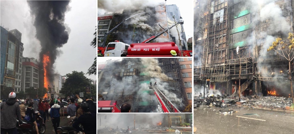 Hiện trường vụ cháy đặc biệt nghiêm trọng khiến 13 người tử vong, nhiều ngôi nhà bị thiêu rụi tại số 68 Trần Thái Tông (Hà Nội). (Ảnh tổng hợp/FB)