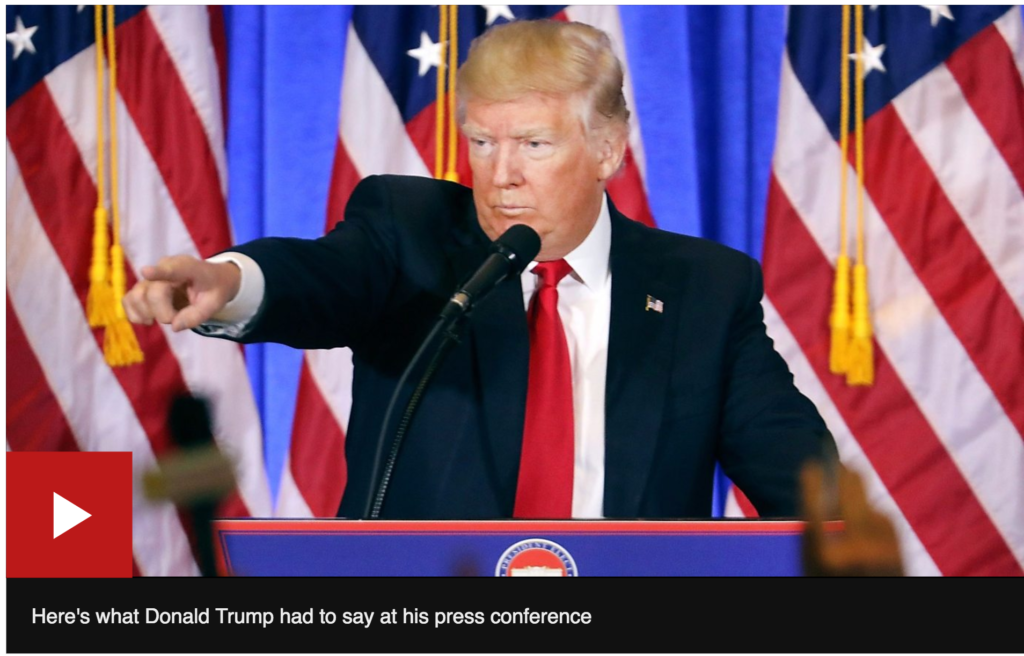 Tổng thống tân cử Donald Trump chỉ tay vào một phóng viên trong buổi họp báo đầu tiên được nhiều người trông đợi sau khi thắng cử (Ảnh chụp màn hình)