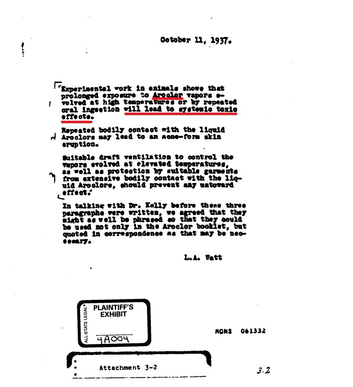 Tài liệu nội bộ của Monsanto cho thấy hãng đã biết PCB (Aroclor) là cực độc cho con người từ năm 1937 (nguồn: chemicalindustryarchives.org)