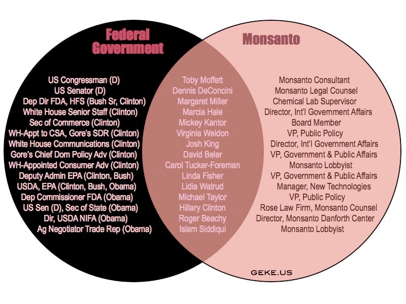 Rất nhiều quan chức trong chính phủ Mỹ đã từng là nhân viên hoặc làm việc cho Monsanto, kể cả Hillary Cliton (nguồn: geke.us)