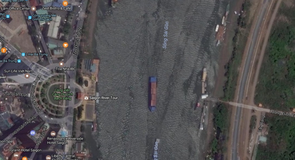 Vị trí Công viên Cảng Bạch Đằng hiện tại, đối diện là khu đô thị mới Thủ Thiêm. (Hình ảnh: Google Maps)
