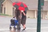 cậu bé lao ra ngoài trời mưa đá che ô cho cụ già