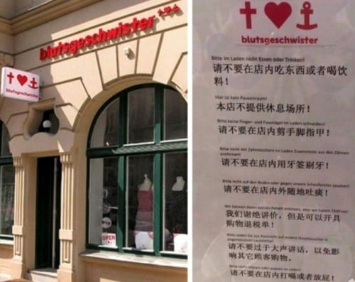 Cửa hàng ở Đức dán 8 điều quy định bằng tiếng Trung
