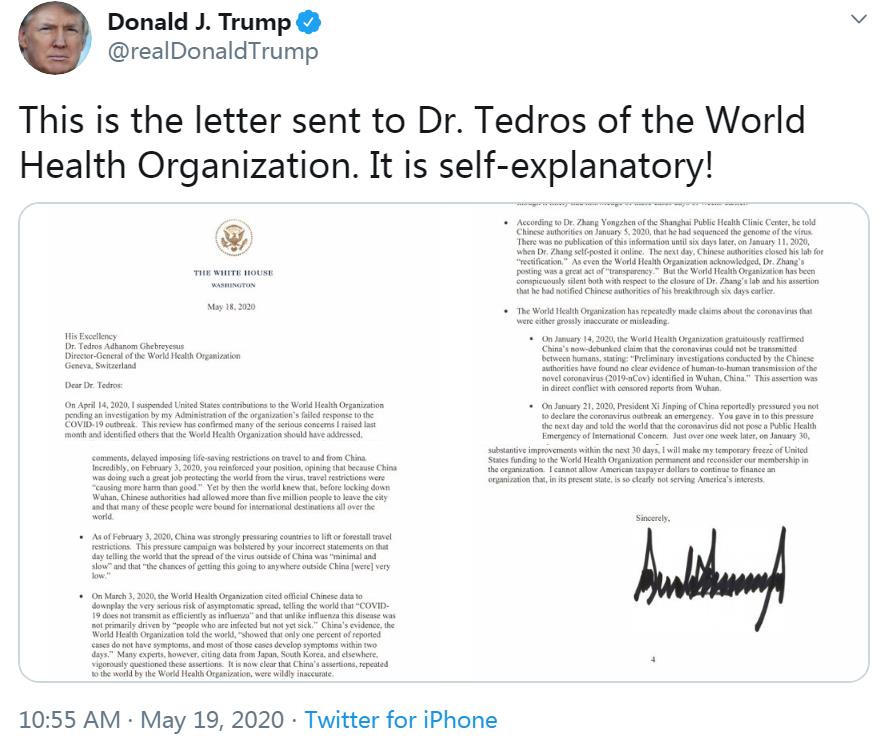 trump tedros letter