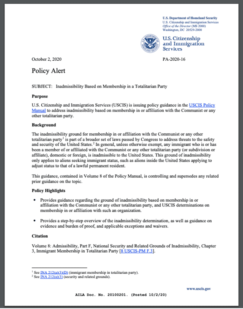 AILA USCIS Issues Policy Guidance on Inadmissibility Based on Membership in a Totalitarian Party
