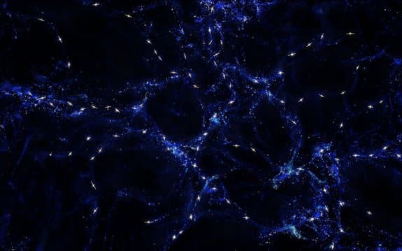 Ảnh mô phỏng các thiên hà sắp xếp theo hình mạng nhện, nằm rải rác khắp vũ trụ (Ảnh: ESO/M. Kornmesser)
