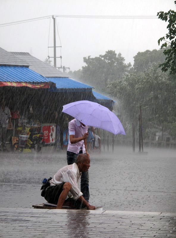 chinese girl holds umbrella for disabled beggar in rainstorm 09 image