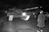 Unarmed Lithuanian citizen standing against Soviet tank Vilnius January 13 1991