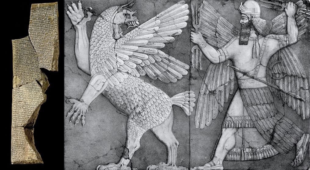 Trái: Bia đá cổ kể về truyền thuyết con rồng hỗn độn. (Ảnh qua Google Art & Culture) Phải: Hình tượng Thần Mặt trời đánh nhau với con rồng hỗn độn. (Public Domain)