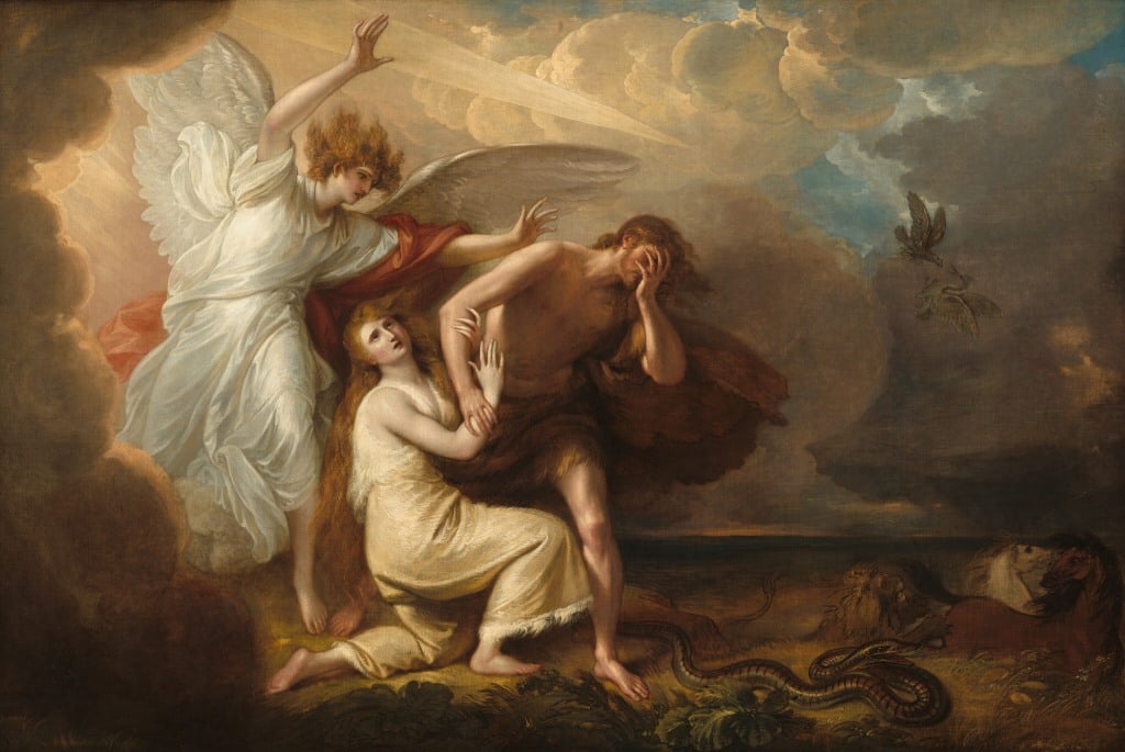 Thiên Thần đuổi Adam và Eve khỏi Vườn địa đàng. Ở dưới chân họ, con rắn trườn ra như dẫn đường. Điều này ám chỉ nó đã cám dỗ con người và sẽ còn cám dỗ con người. (Tranh: Họa sĩ Benjamin West, 1791, National Gallery of Art, Wikipedia, Public Domain)
