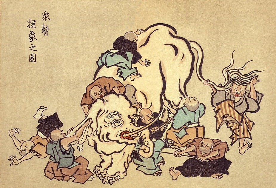 Tranh khắc gỗ "Các nhà sư mù xem voi" của Nhật Bản.(Tranh: Hanabusa Itchō, 1888, Wikipedia, Public Domain)