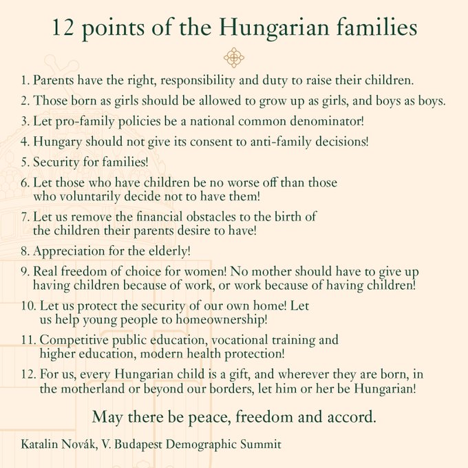 Hungary pro family manifesto launched in September 2023 by President Katalin Novák