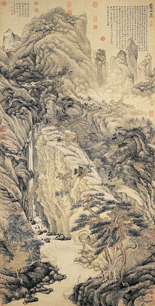THẨM CHU. Lư Sơn cao đồ. Mực và màu trên giấy. 194cm x 98 cm. Bảo tàng Cố Cung Quốc gia, Đài Loan.