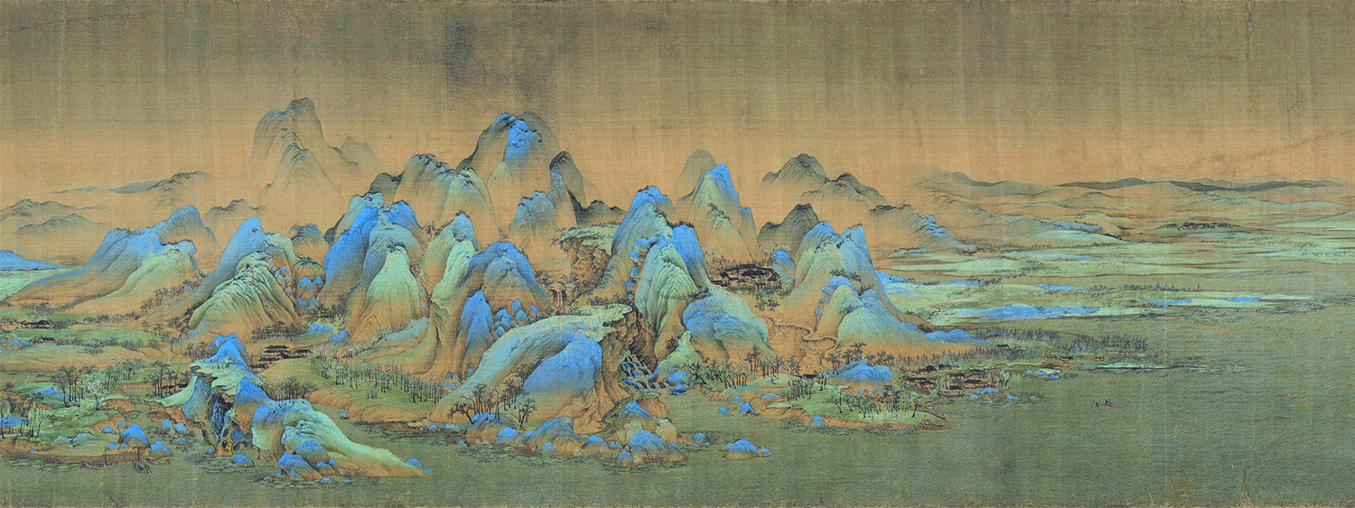 VƯƠNG HY MẠNH. Thiên lý giang sơn đồ (trích đoạn). Màu và mực trên lụa. 1191,5 cm – 51,5 cm. Bảo tàng cố cung Bắc Kinh.