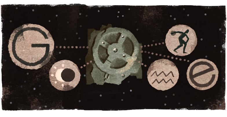 Hình vẽ của Google kỷ niệm 115 năm ngày tìm ra cỗ máy Antikythera. “Một tàn tích rỉ sét mở ra cả bầu trời kiến thức và cảm hứng,” tờ Express của Anh ghi nhận.