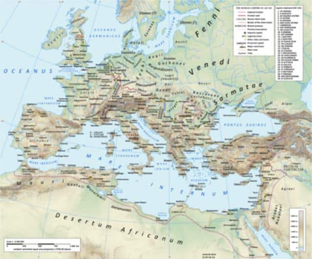 Đế chế La Mã dưới thời Hadrian (117-138) cho thấy mạng lưới đường xá (ảnh: CC BY SA 3.0)